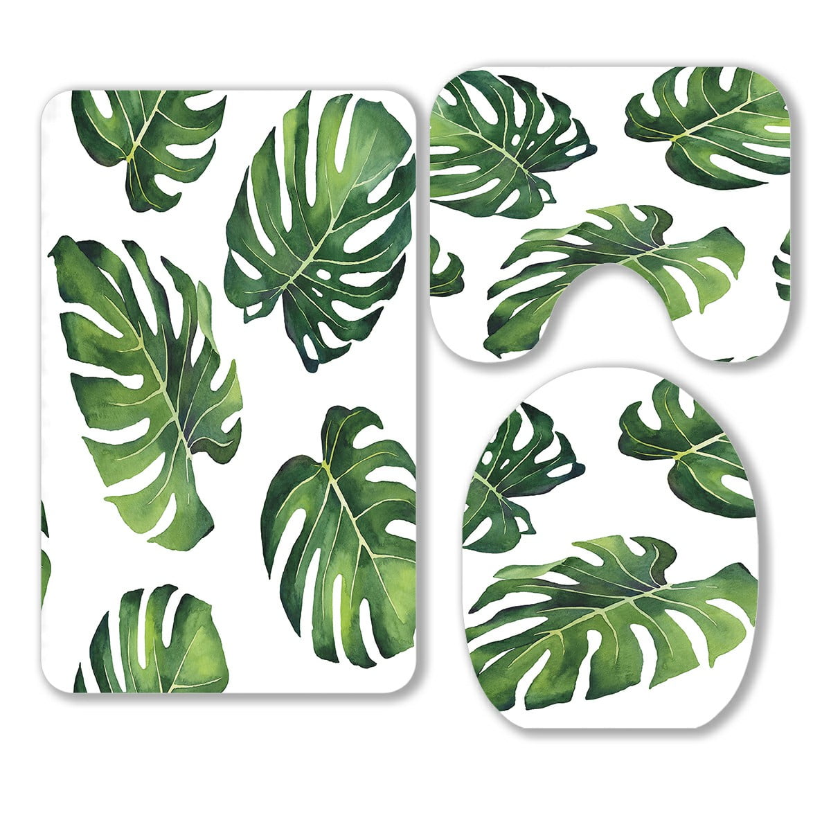 Eczjnt Monstera Leaves Pattern On White 3 Piece Bathroom Rugs Set Bath Rug Contour Mat And Toilet Lid Cover Walmart Com Walmart Com