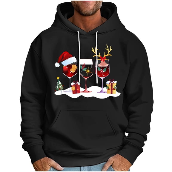 TFEOQRY Christmas Pullover Sweatshirt for Men Christmas Hat Printed Drawstring Hoodies Long Sleeve Hooded Sweatshirt Black