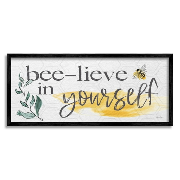 Stupell Industries Bee-Lieve in Yourself Phase Botanical & Floral Painting Black Framed Art Print Wall Art, 24 x 10