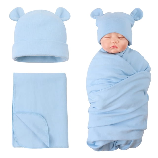 Juego de Gorro y Manta Envolvente para Bebé PESAAT Algodón 110x110 cm Azul 0-6 Meses