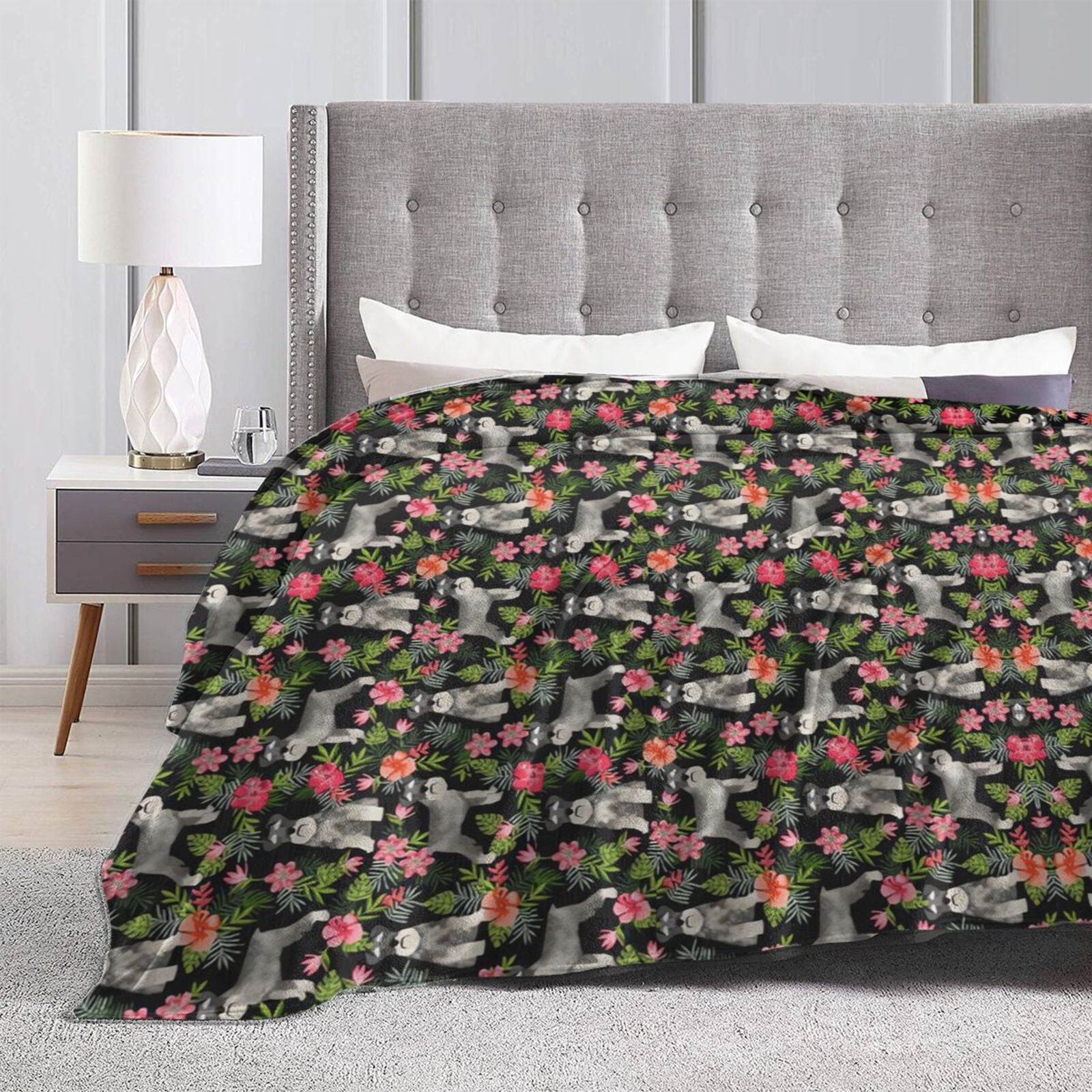 Wijzvio Schnauzer Floral Dog Throw Blanket Soft Fuzzy Fleece Blanket For Couch Bed Living Room Decoration 60"X50"
