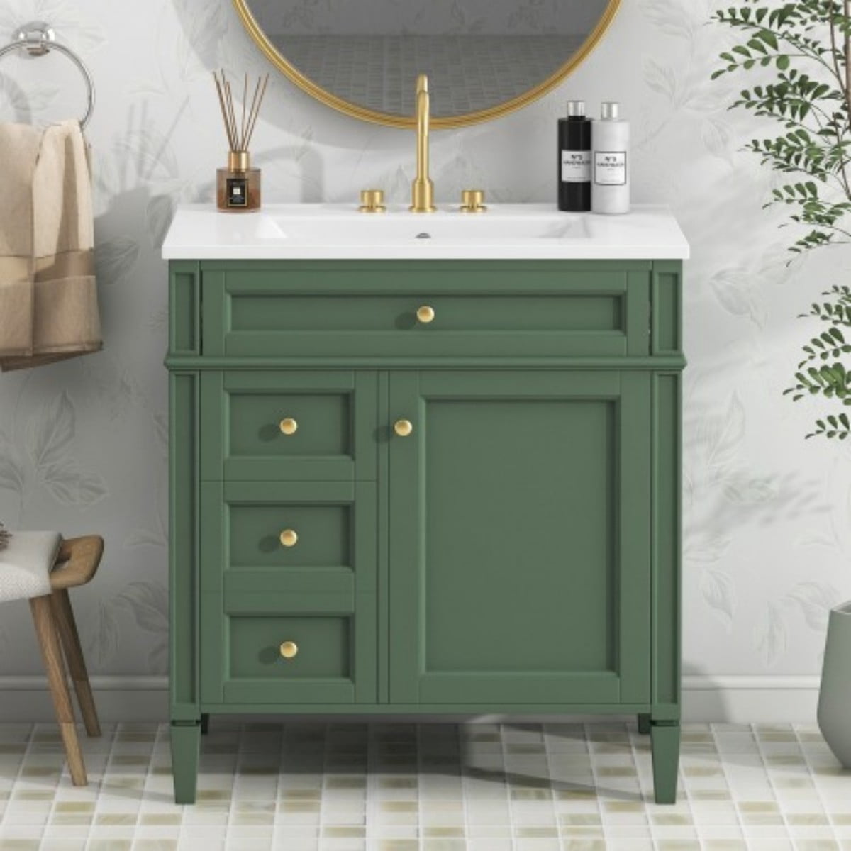 30" Bathroom Vanity with Sink, Modern Freestanding Bathroom Vanity Cabinet with Ceramic Sink, 3 Drawers & Tip-Out Drawer, Adjustable Shelf, White Storage Cabinet, Green