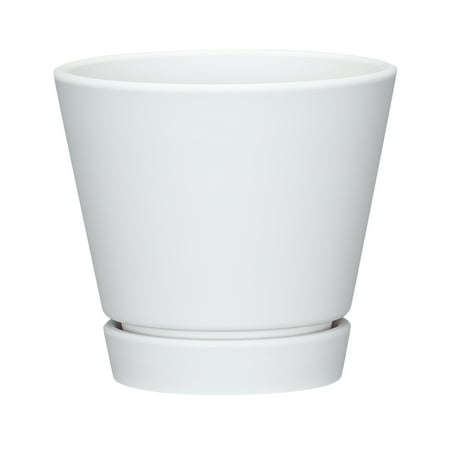 Mainstays Recycled Resin Planter With Attached Saucer, White, 5.9in x 5.9in x 5.5in