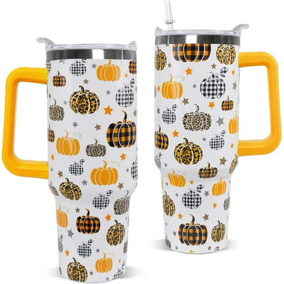 Fall Tumbler with Handle and Straw 40 OZ Pumpkin Cup Thanksgiving Coffee Travel Mug Pumpkins Stainless Steel Insulated Water Bottler Fall Thanksgiving Autumn Decor Gifts for Women