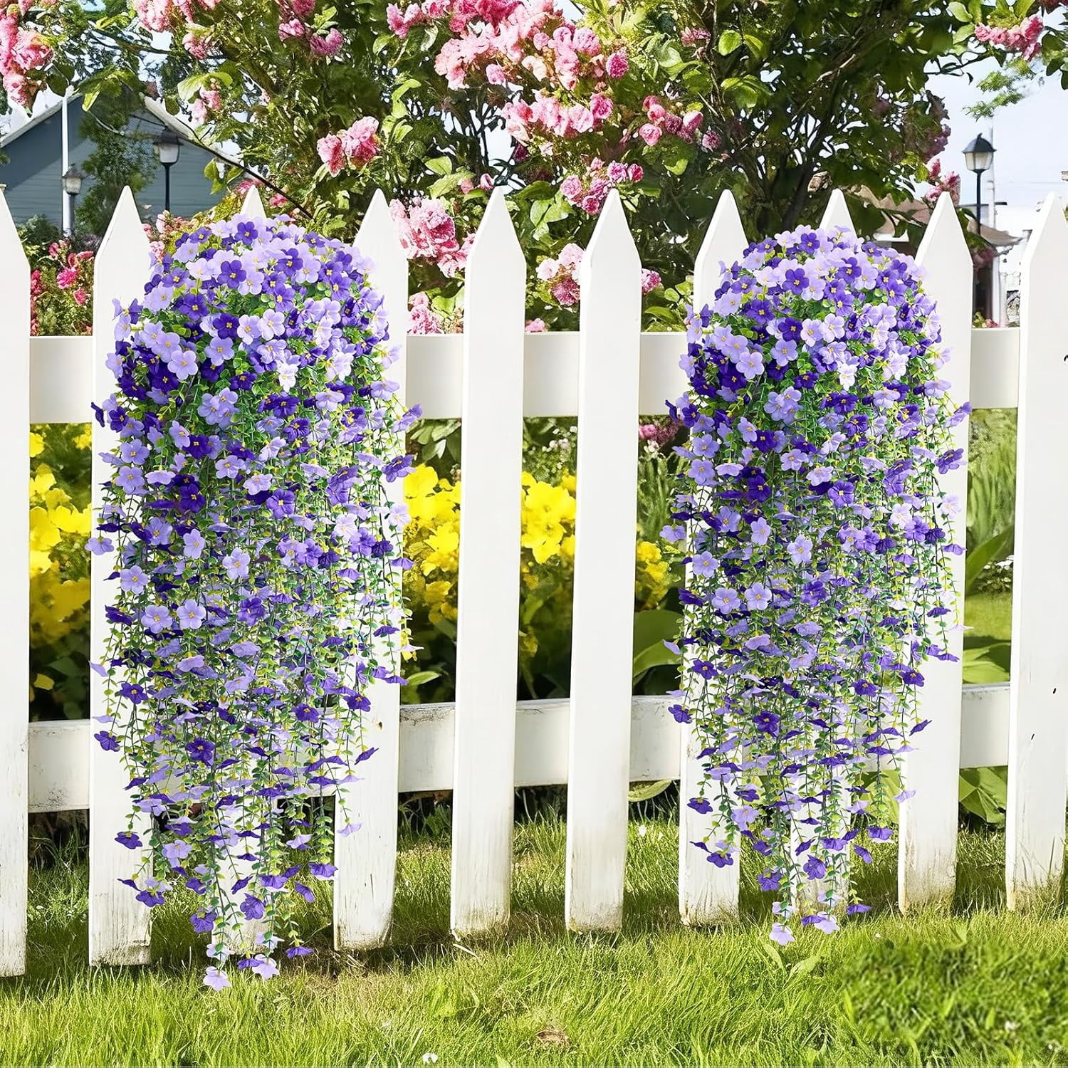 Yastouay 4pcs Artificial Flowers for Outdoors, UV Resistant Hanging Fake Flowers, Purple Violet Outdoor Faux Plants for Garden Balcony Yard Porch