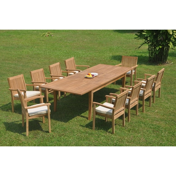 Grade-A Teak Dining Set: 10 Seater 11 Pc: 122" Atnas Double Extension Rectangle Table And 10 Leveb Stacking Arm Chairs Patio WholesaleTeak #WMDSWVm