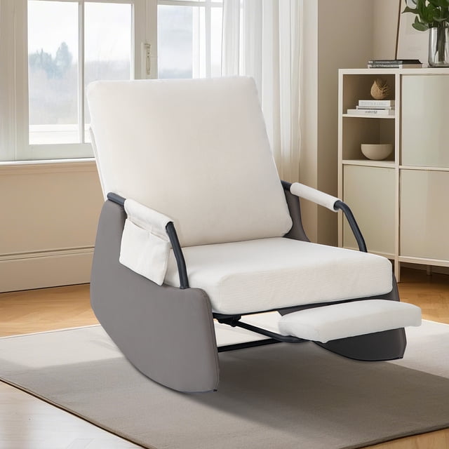 Fauteuil Berçant Inclinable avec Dossier Haut Réglable et Repose-Pieds, Fauteuil d'Appoint Moderne Rembourré en Velours Côtelé Pelucheux, Cadre en Acier Robuste, Capacité de 330 Lb, pour Chambre Ou Salon