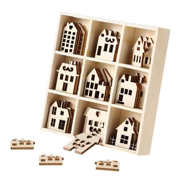 QIFULL 45Pcs Small Wooden Houses to Paint Unfinished Ornaments for Craft Enthusiasts