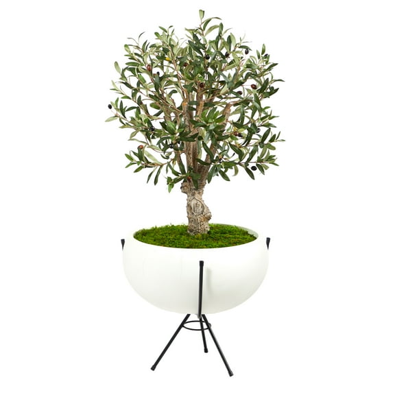Nearly Natural 3ft Olive Artificial Tree in White Planter with Metal Stand