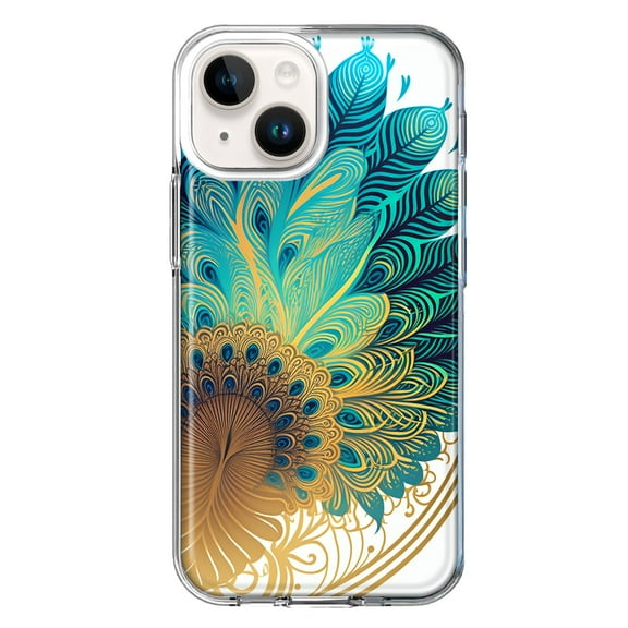 MUNDAZE Case for Apple iPhone 15 Hybrid Shockproof Slim Hard Soft TPU Shell Heavy Duty Protective Phone Cover - Mandala Geometry Abstract Peacock Feather Pattern