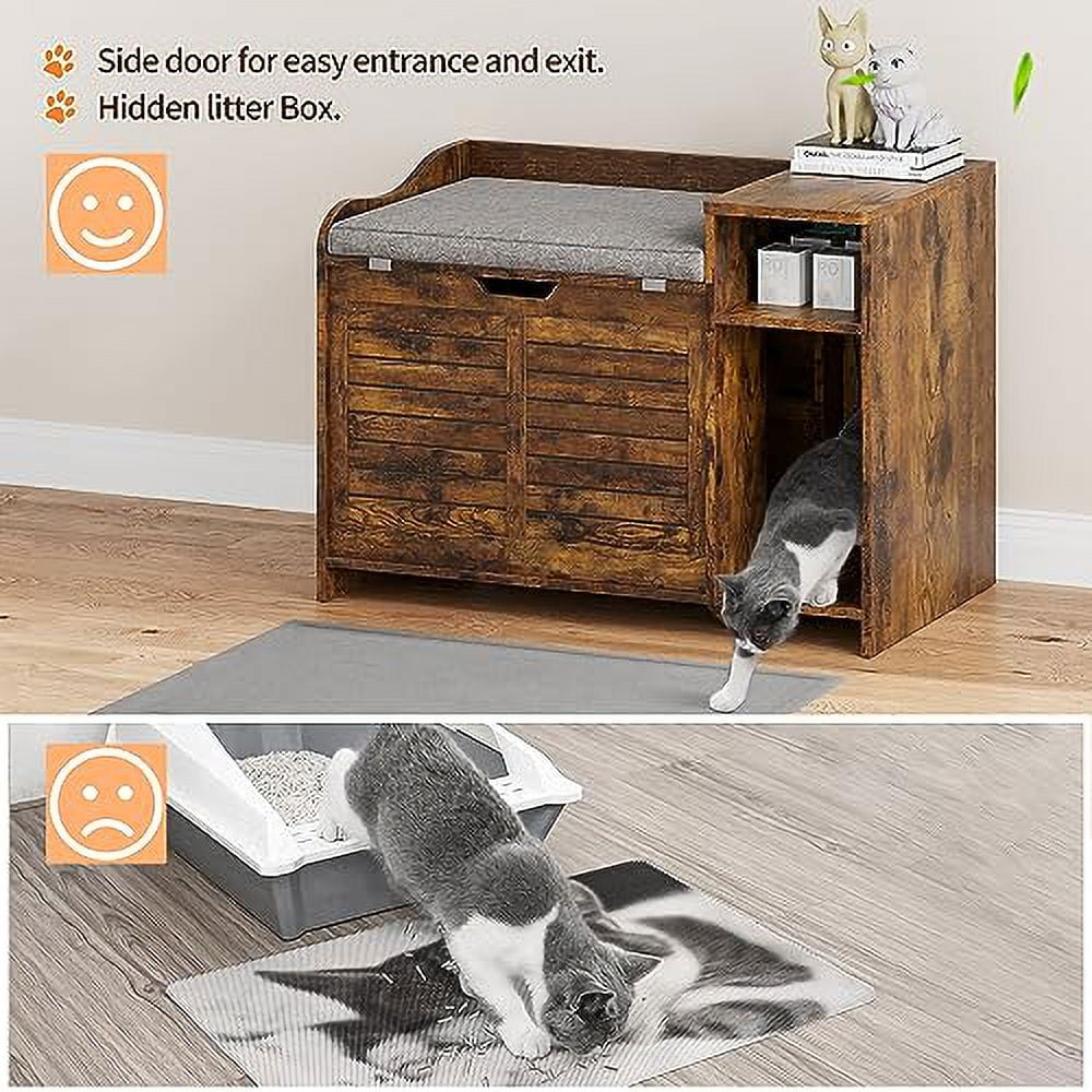 Faitaliicy Litter Box Enclosure With Cushion Hidden Cat Litter Box With Top Opening Flip Top Privacy Cat Litter Box Cabinet Wooden Cat Washroom Storage Cabinet Bench For Living Room Bedroom