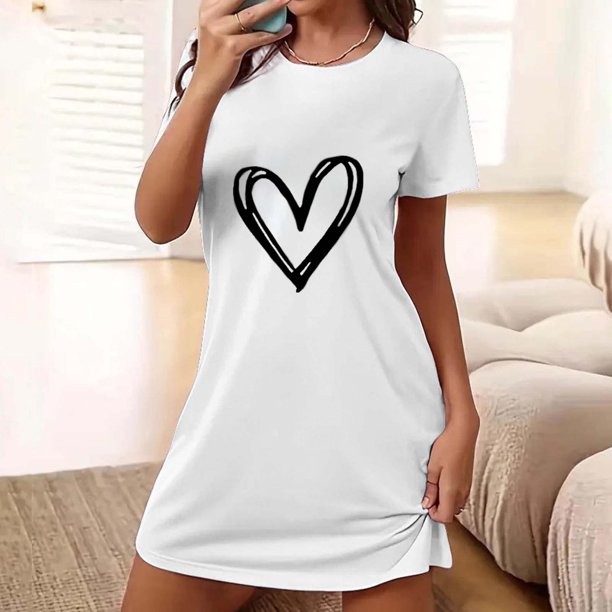 Camisón corto de poliéster para mujer, talla grande, estampado de San Valentín, cuello redondo, manga corta