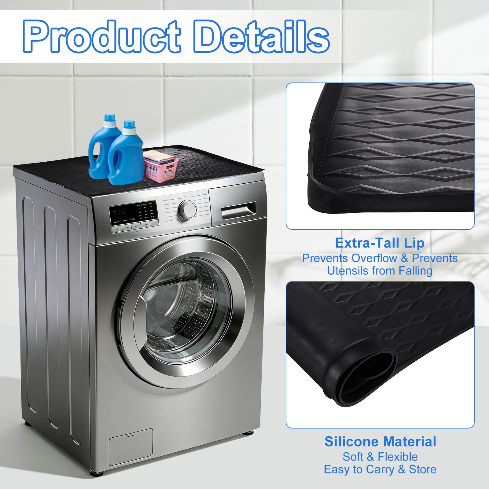 Uxcell 2Pcs Washer and Dryer Top Protector Mat (23.6" x 23.6") - Non-Slip Heat-Resistant Leak-Proof Washable, Silicone Washing Machine Top Cover Pad for Home/Kitchen/Laundry Room, Black