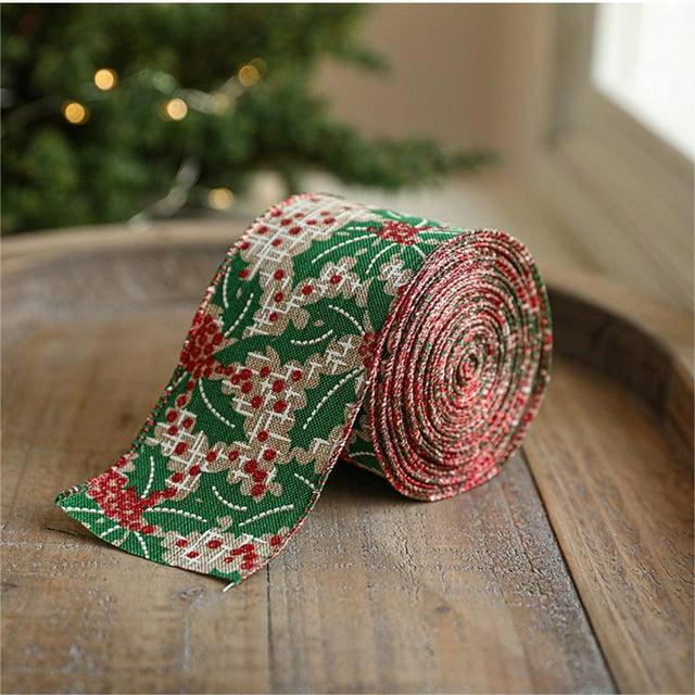 Christmas Tree Print Fabric Ribbon | 2m Decorative Linen Ribbon for Holiday Decor, Gift Wrapping & Boutique Styling | Washable & Wrinkle-Resistant