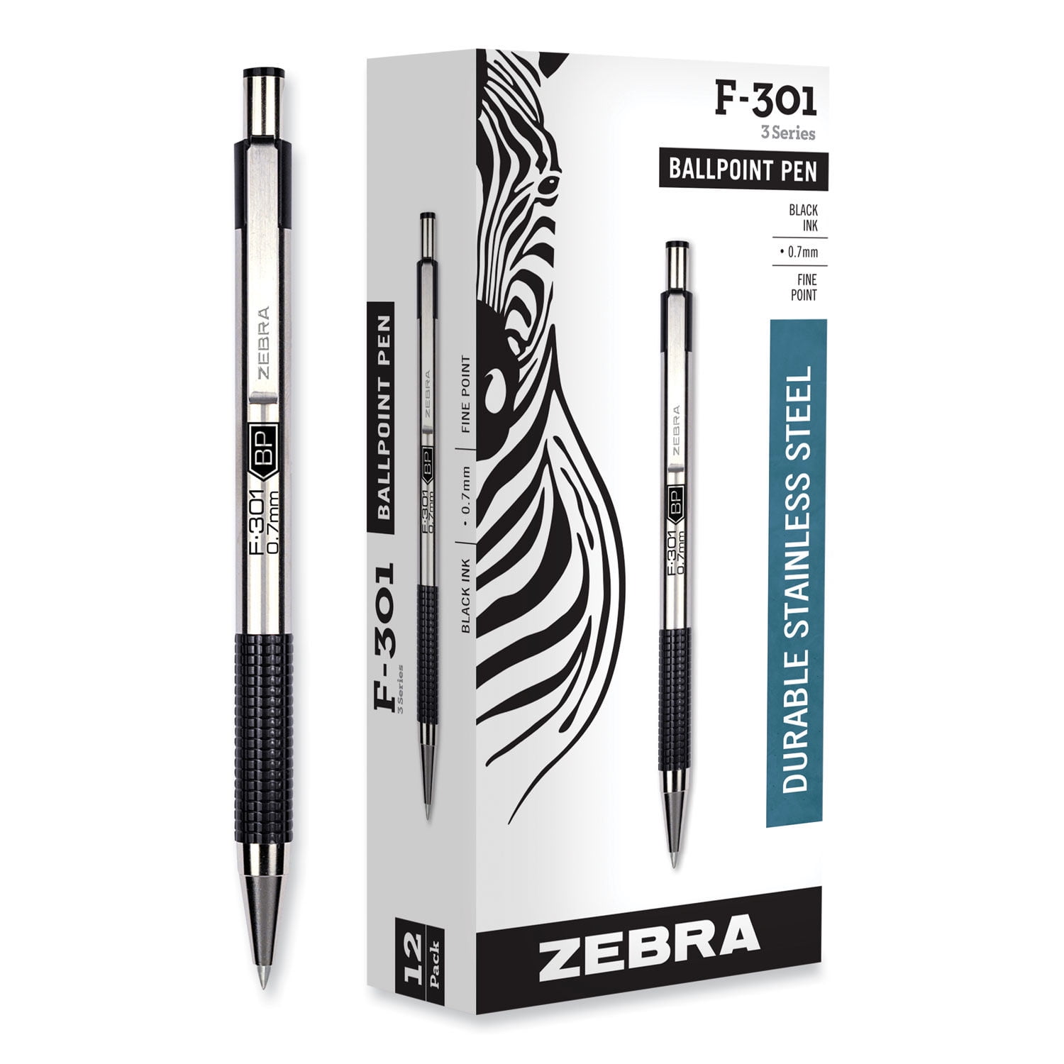 Zebra F-301 Ballpoint Pen Retractable, Fine 0.7 mm, Black Ink, Stainless Steel/Black Barrel