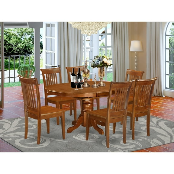 7 Piece Dining Set - Oval Table with Butterfly Leaf & 6 Chairs - Saddle Brown Finish