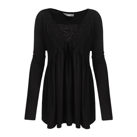 Pleated Empire - Women V-Neck Long Sleeve Pleated Casual Empire Waist Blouse Plus Size HFON