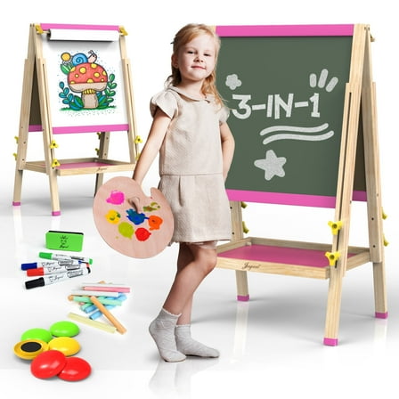 JOYOOSS Easel for Kids Art Easel Kids Easels for Toddlers Easel,Dual-Sided Adjustable Wooden Magnetic Board for Kids 106-PINK