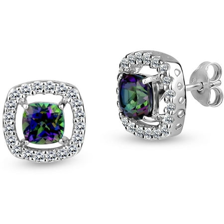 White Topaz and Mystic Fire Green Topaz Sterling Silver 8mm Cushion-Cut Center Earrings