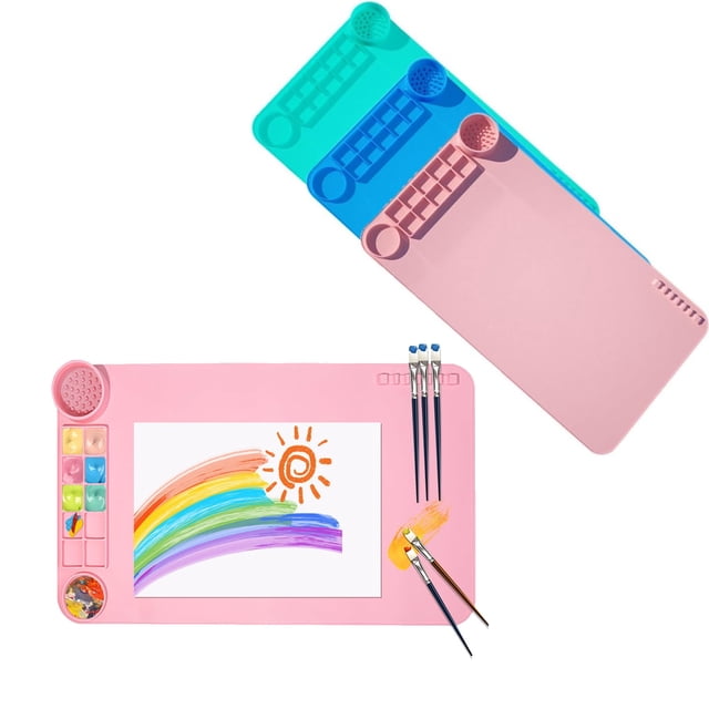 Sentmoon Silicone Art Painting Mat with Cup Kids Large Drawing Mat Non-slip Washable Art Table Protector Promotes Creative Expression for Painting Watercolor Clay Play