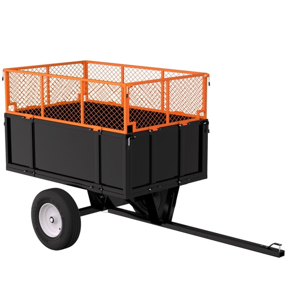 Heavy Duty Collapsible Mesh Dump Cart with Removable Sides, 17 Cu.Ft 750 lbs Capacity, Tow Behind Utility Trailer for Lawn Mower, Tractor & Yard Work, Pneumatic Tires, orange black