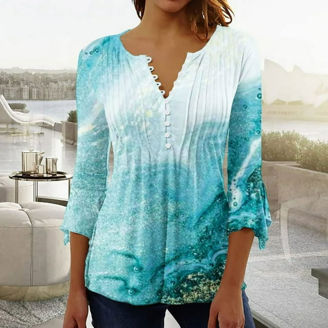 Womens Tops Ladies Top Floral Print V-Neck Short Sleeve Button T-Shirt Blue L