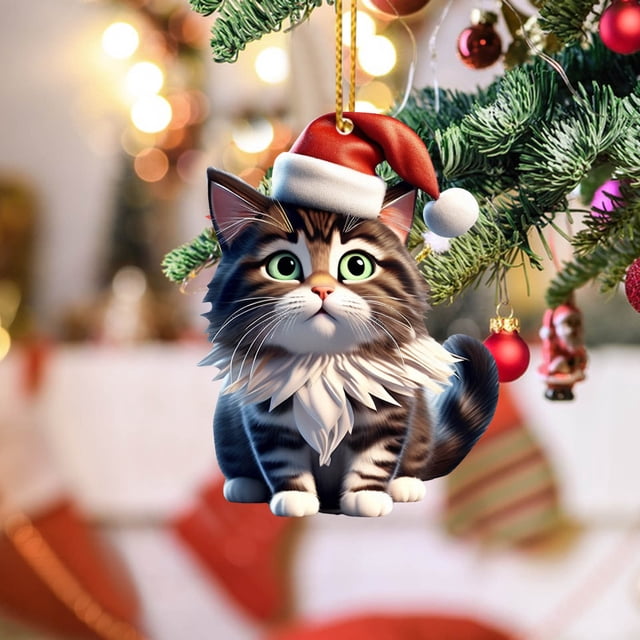 Fiudx Decoración del hogar Adornos para coche con forma de gato súper lindo Gorro navideño Adornos para árbol de Navidad