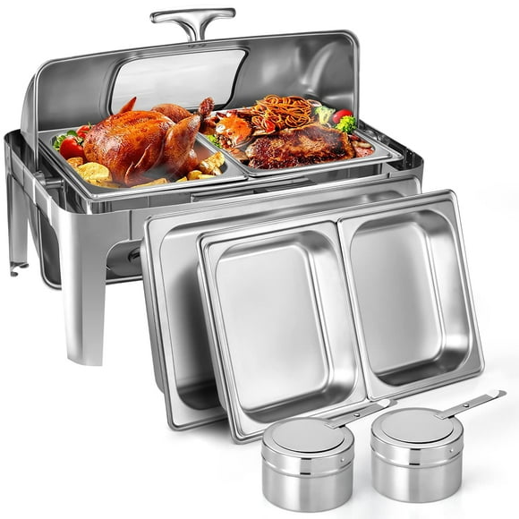 Chafing Dish Buffet Set, 9 QT Stainless Steel Roll Top Chafing Server Set, Food Warmers for Parties