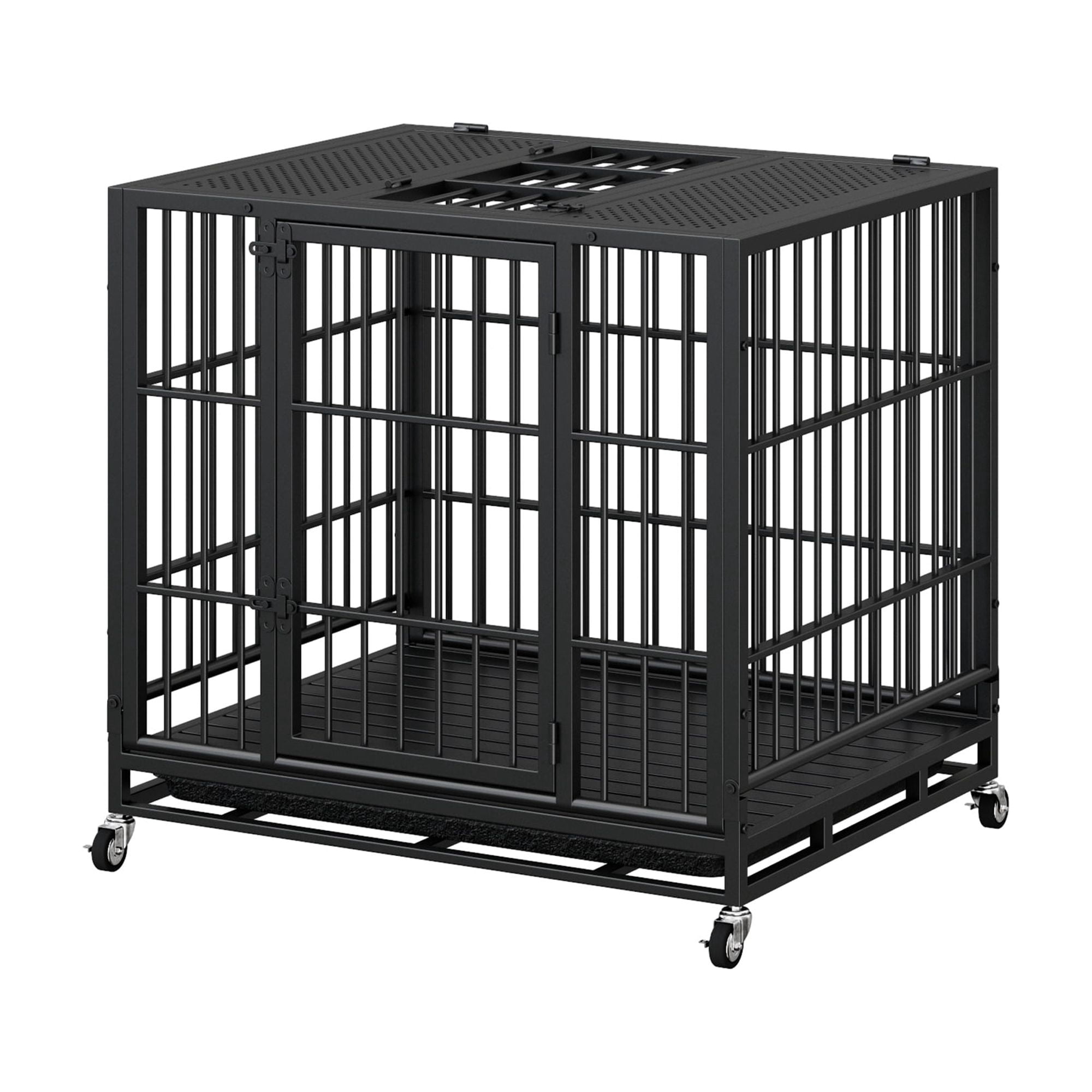 Dog Crate with Lockable Wheels and Rotary Twist-Latch, Heavy Duty Pet Kennel and Mobile Metal Cage with Perforated Top for Indoor Outdoor, Black