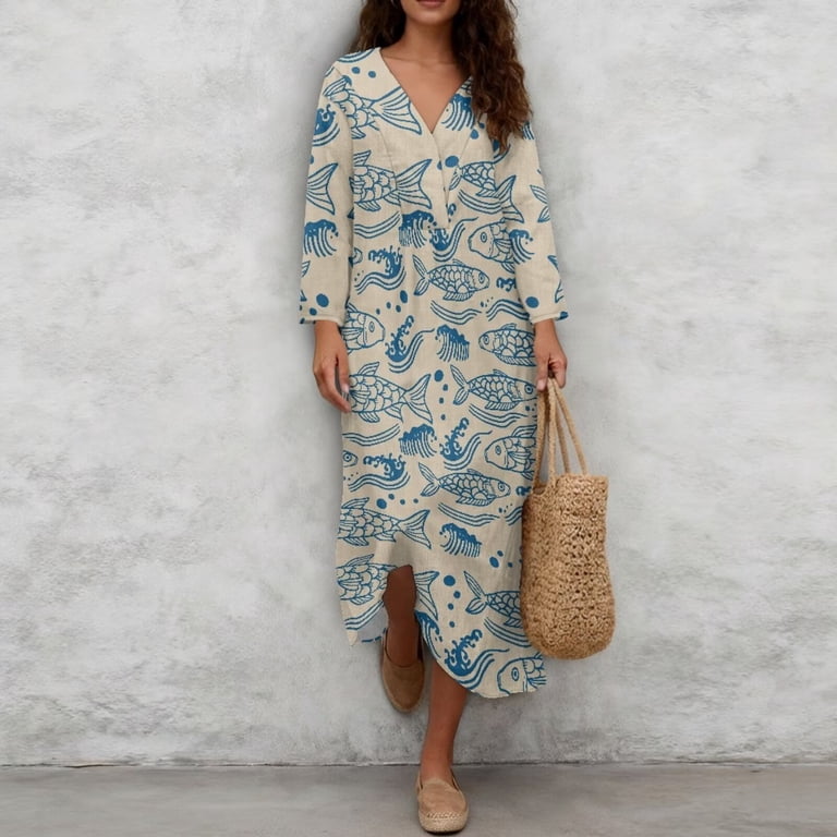 Renewold Fish Wave Print Casual Dress for Women Japanese Art Style Tunic Dress for Women Loose Fit Dressy Linen-Look Polyester Beach Caftan Breathable Comfy Oversized Dresses, L