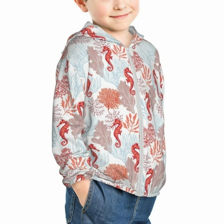 

Uemuo Tropical Corals Seahorse Pattern Rash Guard for Boys Girls Long Sleeve Swim Shirts UPF 50+ UV Sun Protection Hooded Fishing Shirt with Pocket for Kid-18 Months