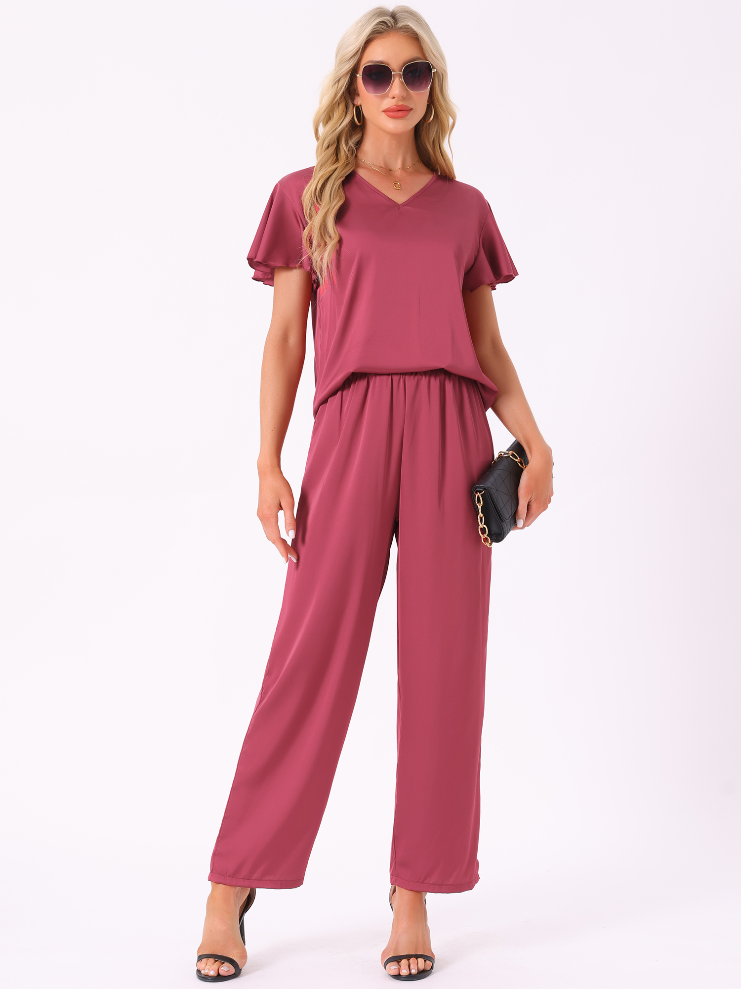 DARING DIVA Silky Satin 2 Pieces Ruffle Top and Long Pants Sleepwear Sets XL Red