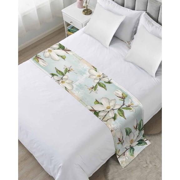 Bed Runner Scarf Queen Size, Country Flowers Stain Bed Runners & Scarves for Foot of Beds, Spring Botanical Magnolia Branches Decorative Bedding Runner Scarf for Hotel Home Bedroom