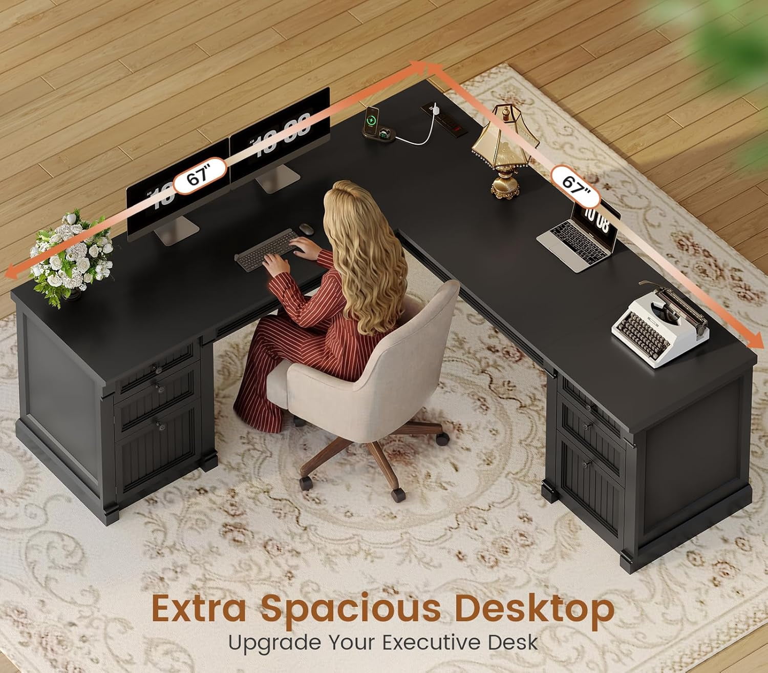 SEDETA Large L Shaped Desk with 4 Wood Drawers, 67"x 67" Executive Desk with File Drawers & Storage Cabinet, Farmhouse Corner Computer Desk with Power Strip for Home Office, Black