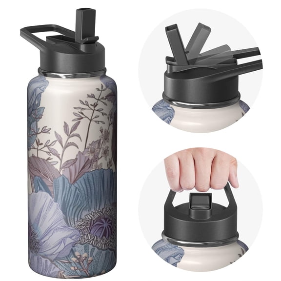 32oz Leakproof Double Wall Insulated Stainless Steel Sports Flowers Themed Water Bottle with Handle Lids Wide Mouth, Keeps Cold 24Hrs Hot 12Hrs for Gym, Flowers Themed Lovers