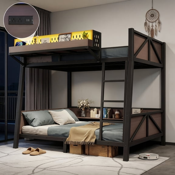Twin-Over-Twin Storage Bunk Bed with Shelves, Multi-Functional Metal Bed Frame with LED Light and Charge Station for Kids,Teens
