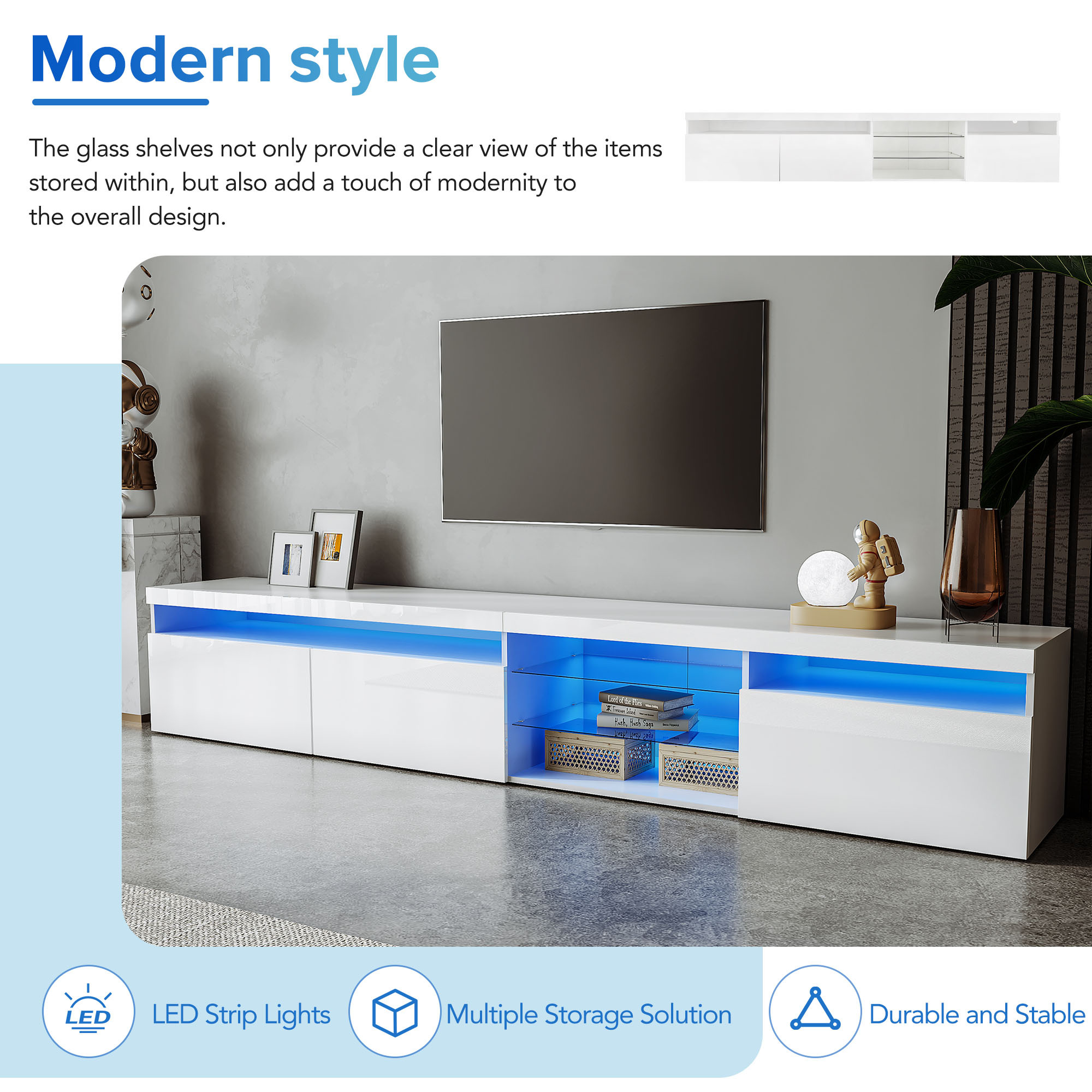 EUROCO 94.5" Longer TV Stand for TVs Up to 100", Versatile Entertainment Center Media Console Table with LED Color Changing Lights 2 Glass Shelves,with Ample Storage Space, White