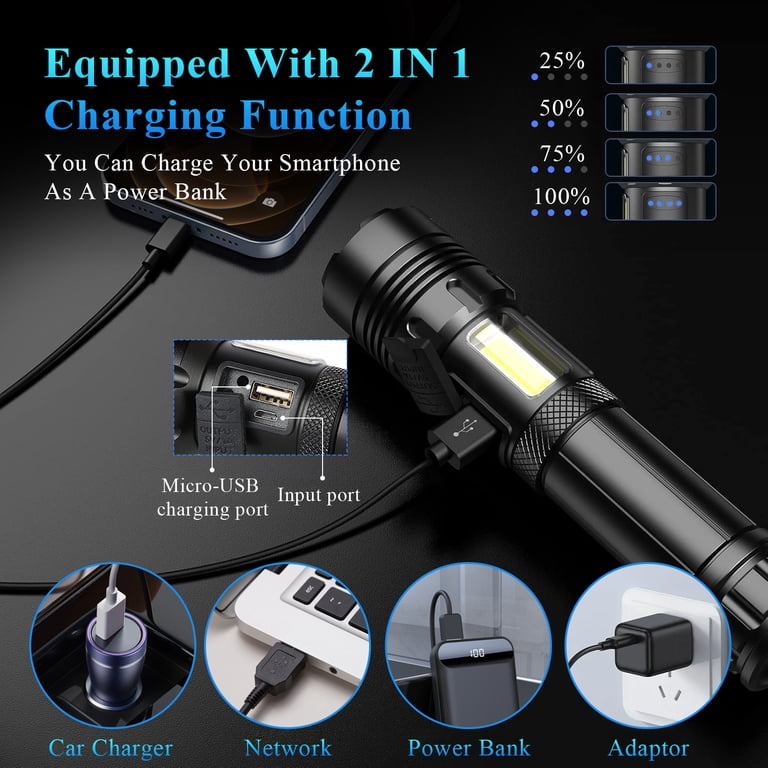 90000 lumen flashlight rechargeable LED Spotlight Flashlight, High Lumens, Super Bright Handheld LED Flashlight, 4 Modes Waterproof Searchlight for Hunting, Hiking, Camping with Tripod (6 inch) : Everything Else Click the toggle button to change the mode AMBLER LED Flashlights, 90000 Lumens
