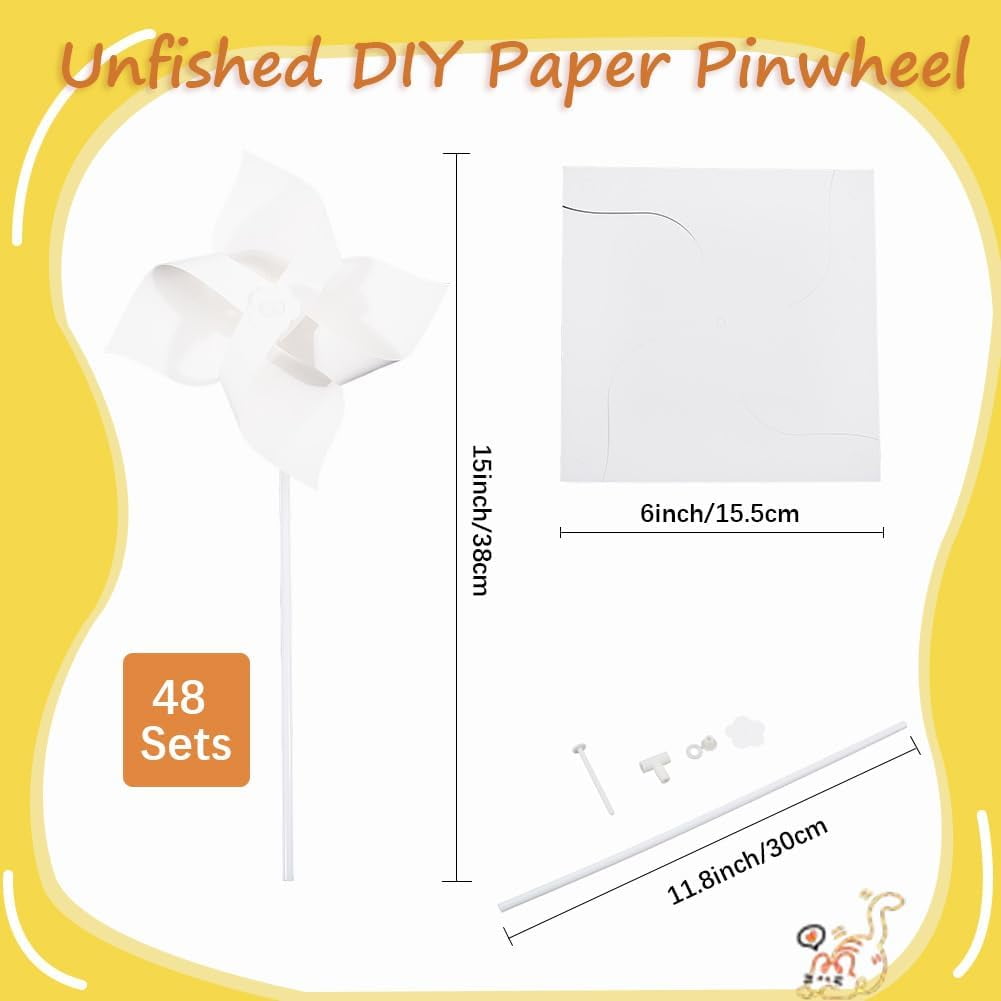 1Set 48 Sets Paper & PVC Blank DIY Pinwheels Craft for Kids Art and Craft White 155x155x0.2mm