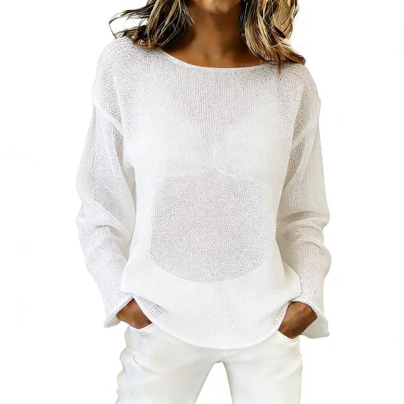 Womens Tops Mesh Long Sleeve Tops Boat Neck See Through Lightweight Sweater Crochet Knit Tops on Sale