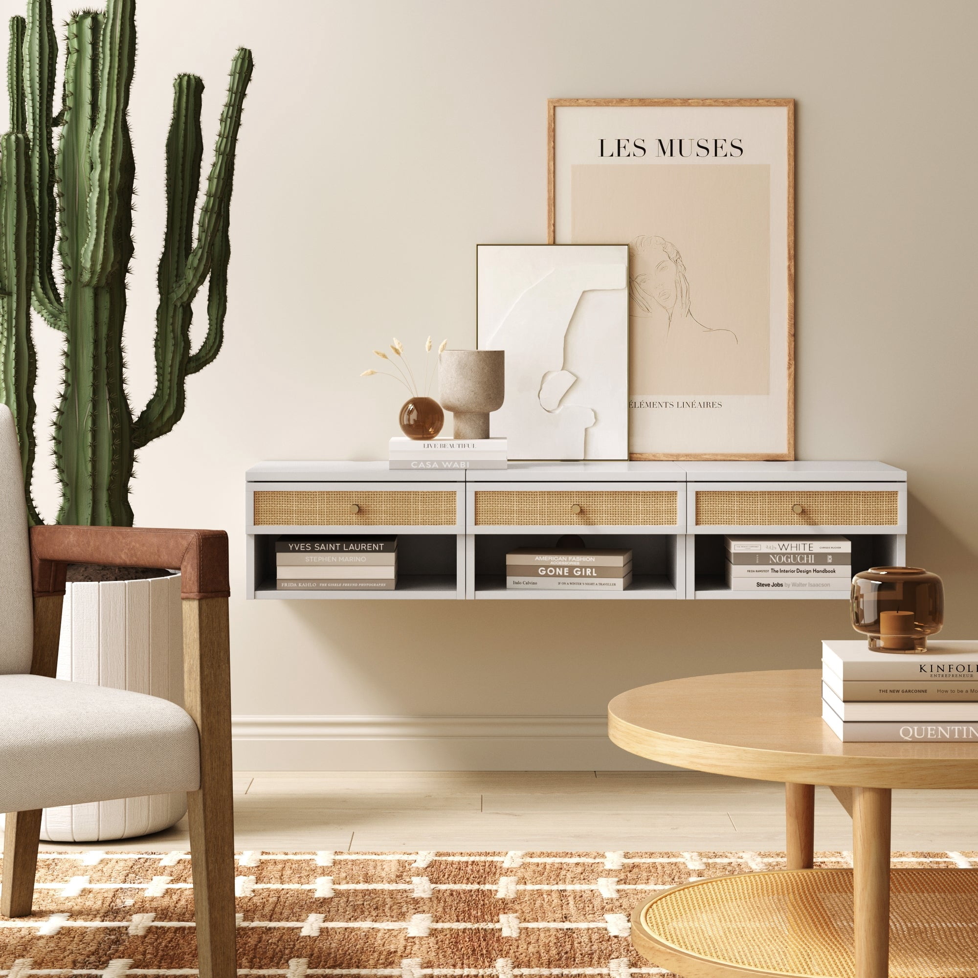 Nathan James Jackson Wall Mounted Rattan Floating Bedroom Nightstand with Storage Drawer and Modern Open Shelf Cubby, White/Rattan