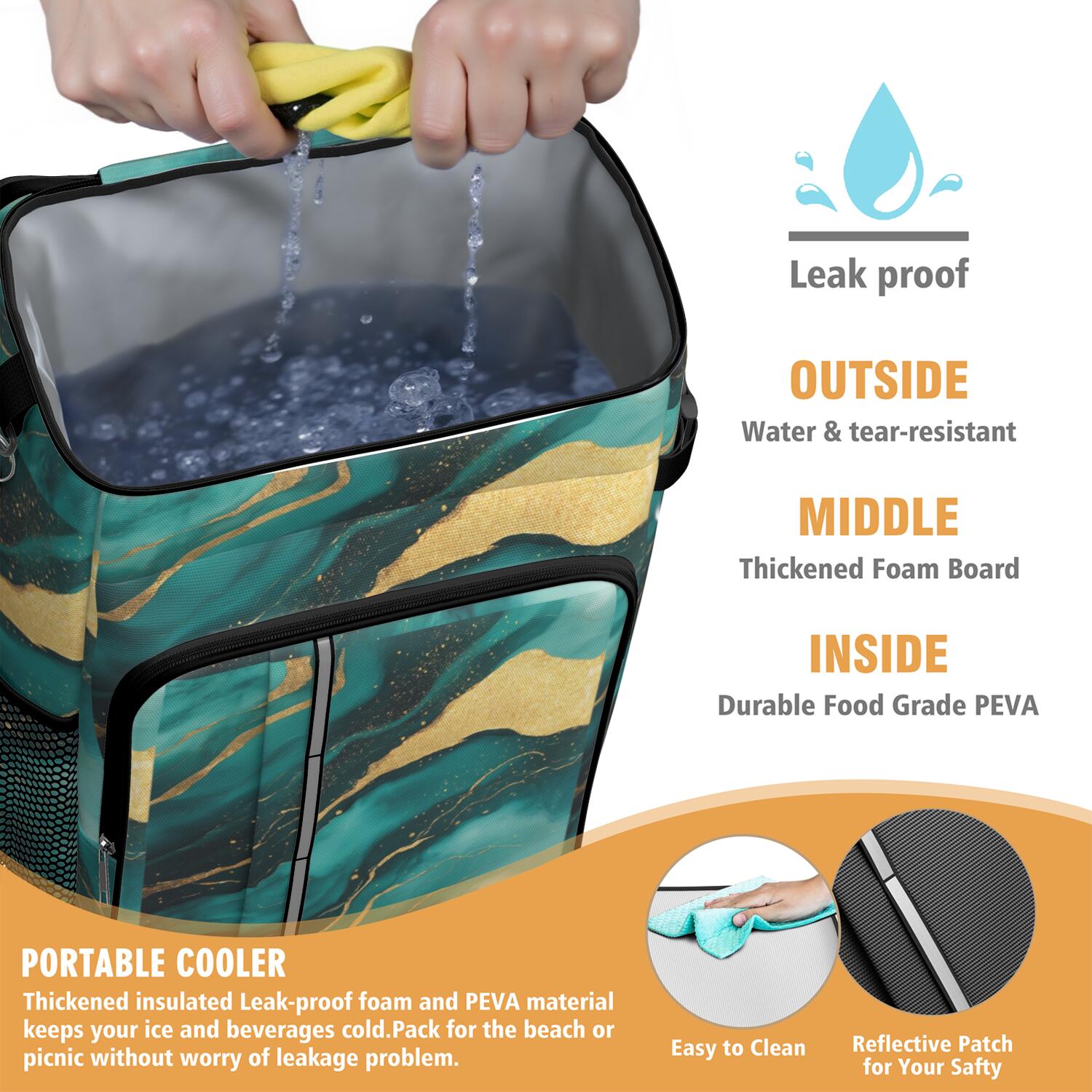Travel Cooler Bag - Teal Gold Marble Camping Beer Cooler Backpack with Bottle Opener- Waterproof Insulated Picnic Backpacks - Cooler Bag for Beach