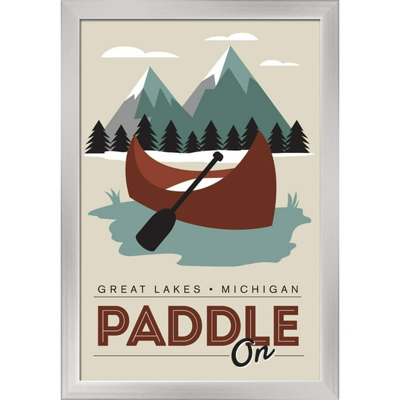 Great Lakes, Michigan - Paddle On - Lantern Press Artwork (16x24 Giclee Art Print, Gallery Framed, Silver Wood)