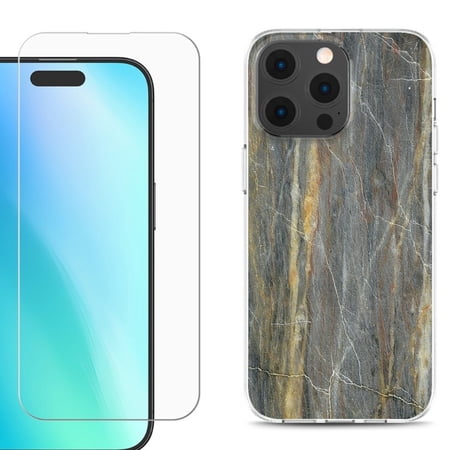 For iPhone 16 Pro Phone Case Cover Shockproof Case with Tempered Glass Screen Protector by OneToughShield - Marble/Camo