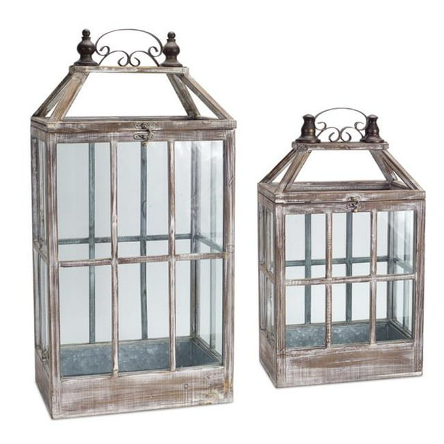 Melrose International 70491 Wood and Metal Lantern - Set of 2