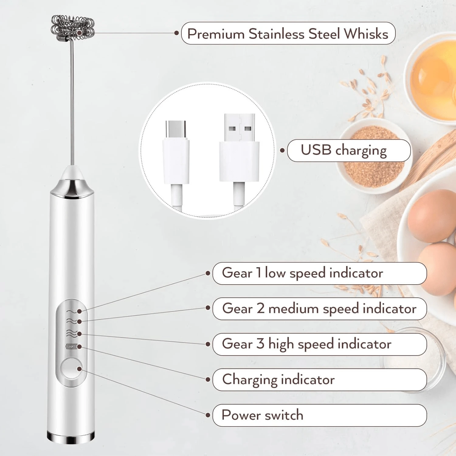 Cordless Electric Hand Mixer| 3-Speed Rechargeable Whisk With 2 Detachable Heads, Compact Baking Tool For Thin Batter / Eggs / Cookies| Ideal For Tiny Kitchen / RV / Camping (Macaron Purple & White)