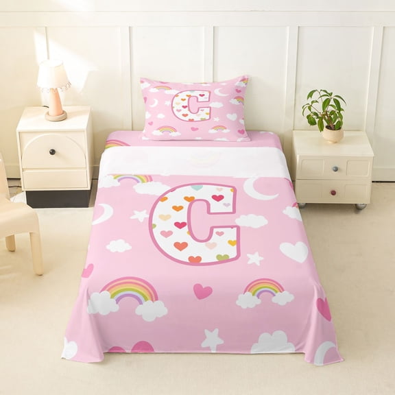 Feelyou Cute Love Heart Letter C Twin Sheet Sets for Girls, Star Cloud Bedding, Pink, 3 Pieces