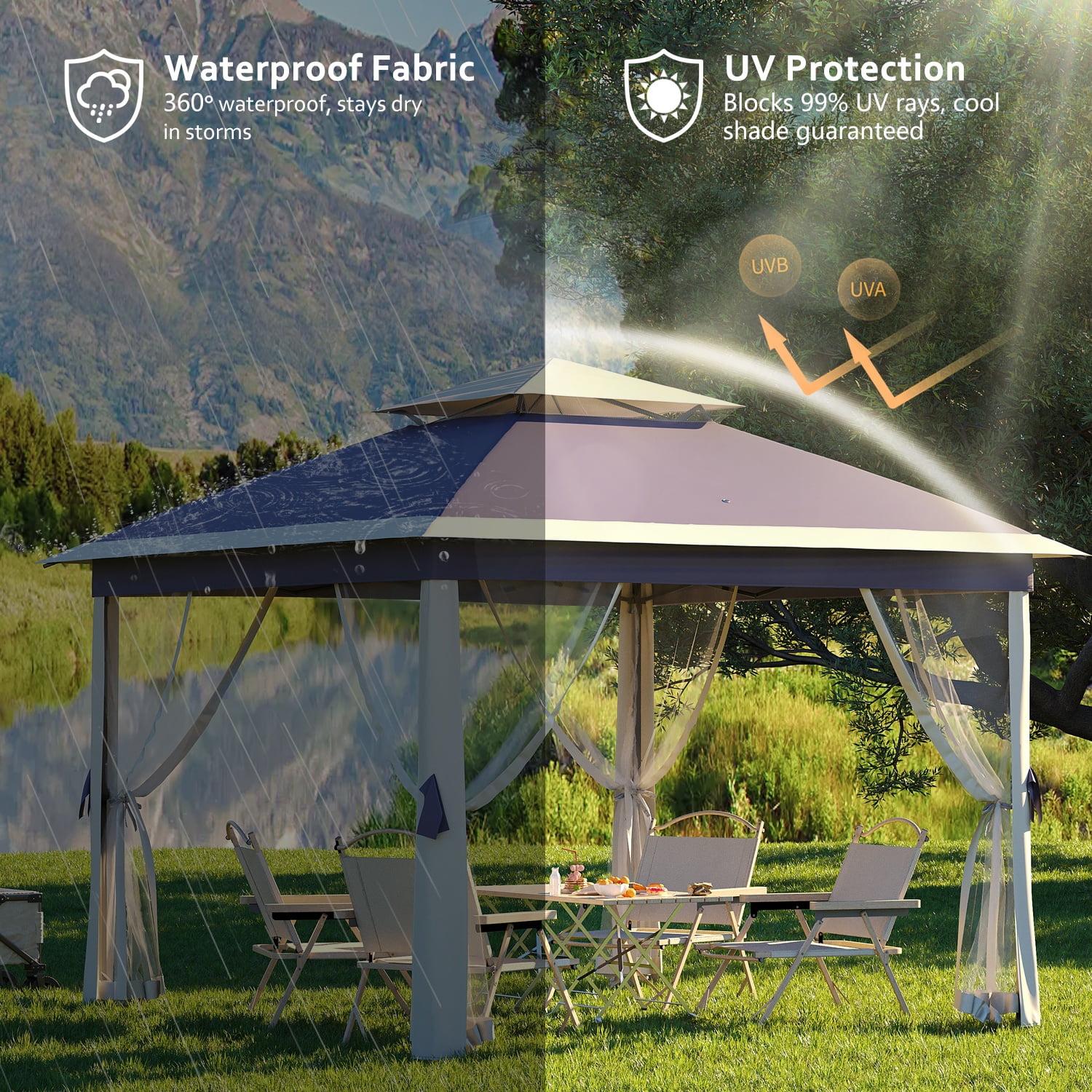 Riedhoff 10.82 x 10.82' Pop up Gazebo, Canopy Shelter with Mesh Netting, 4 Stanbags, Blue