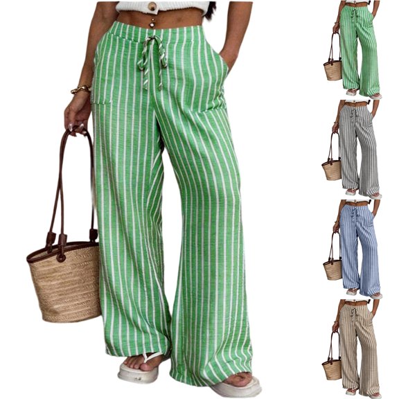 Summer Striped Pants Women Loose Wide Leg Drawstring Pants Lightweight Low Rise Lounge Trousers with Pockets