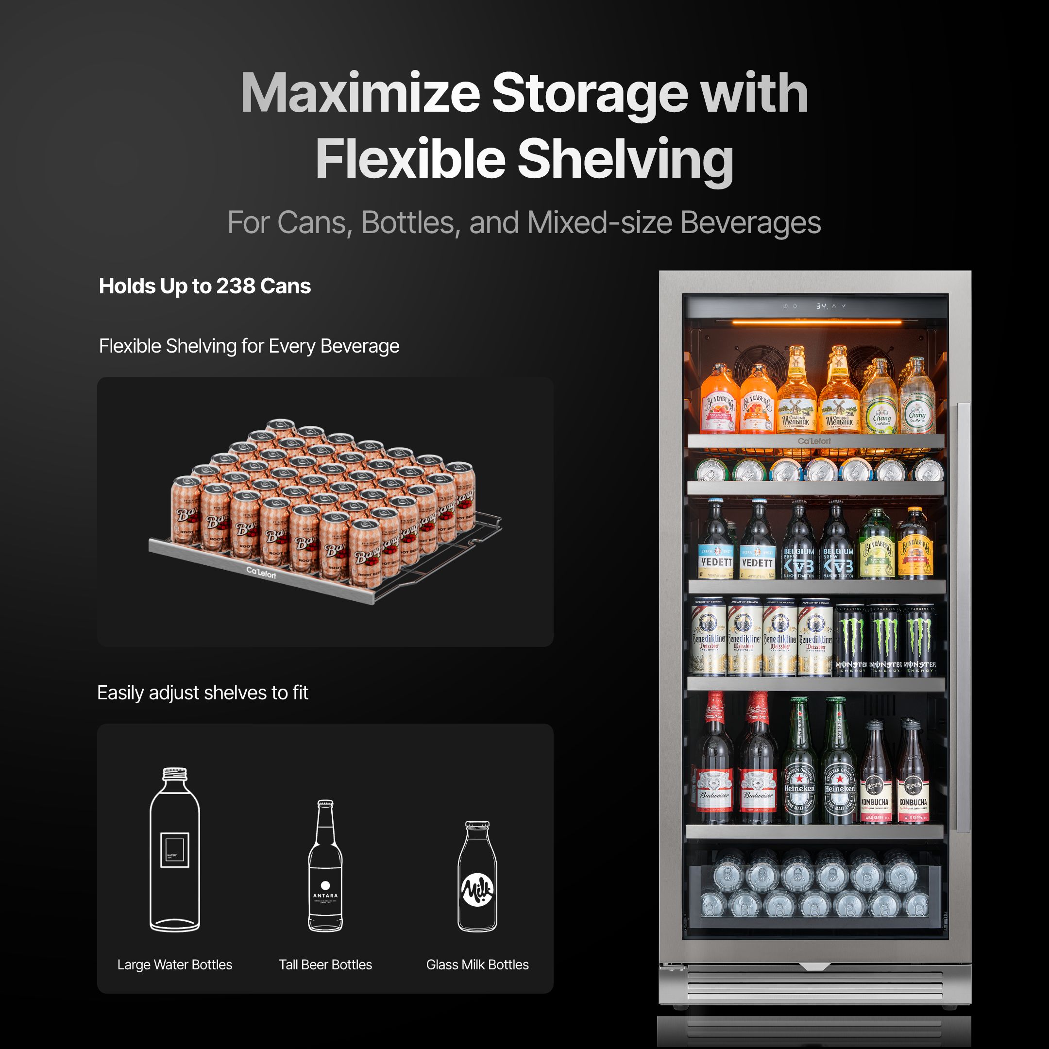 Calefort 328 Cans Beverage Refrigerators,Freestanding or Built-In Beverage Cooler with Glass Door for Home,Bar,Office